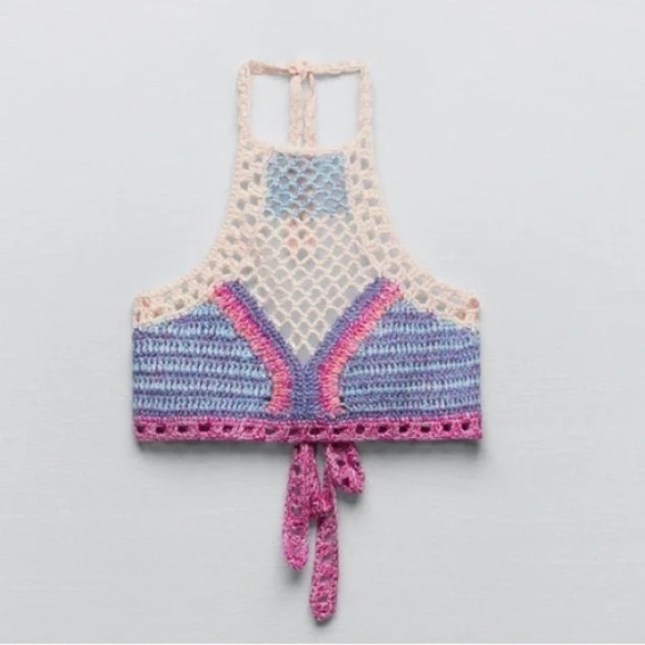Zara crochet halter cropped top lavender pink cream boho open back high neck - Picture 5 of 8